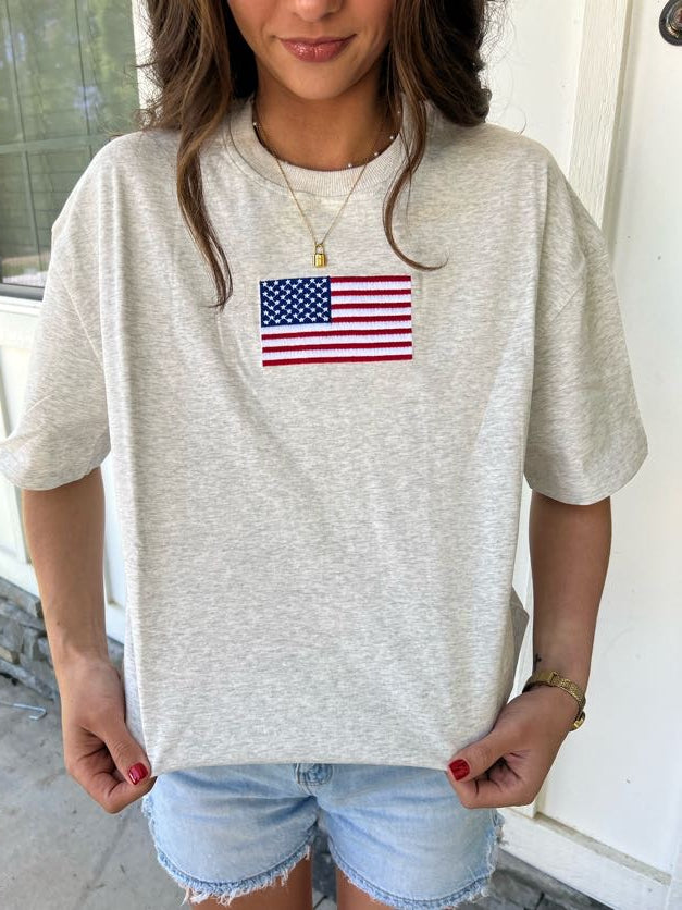 Sunkissed Coconut OVERSIZED American flag Embroider Tee