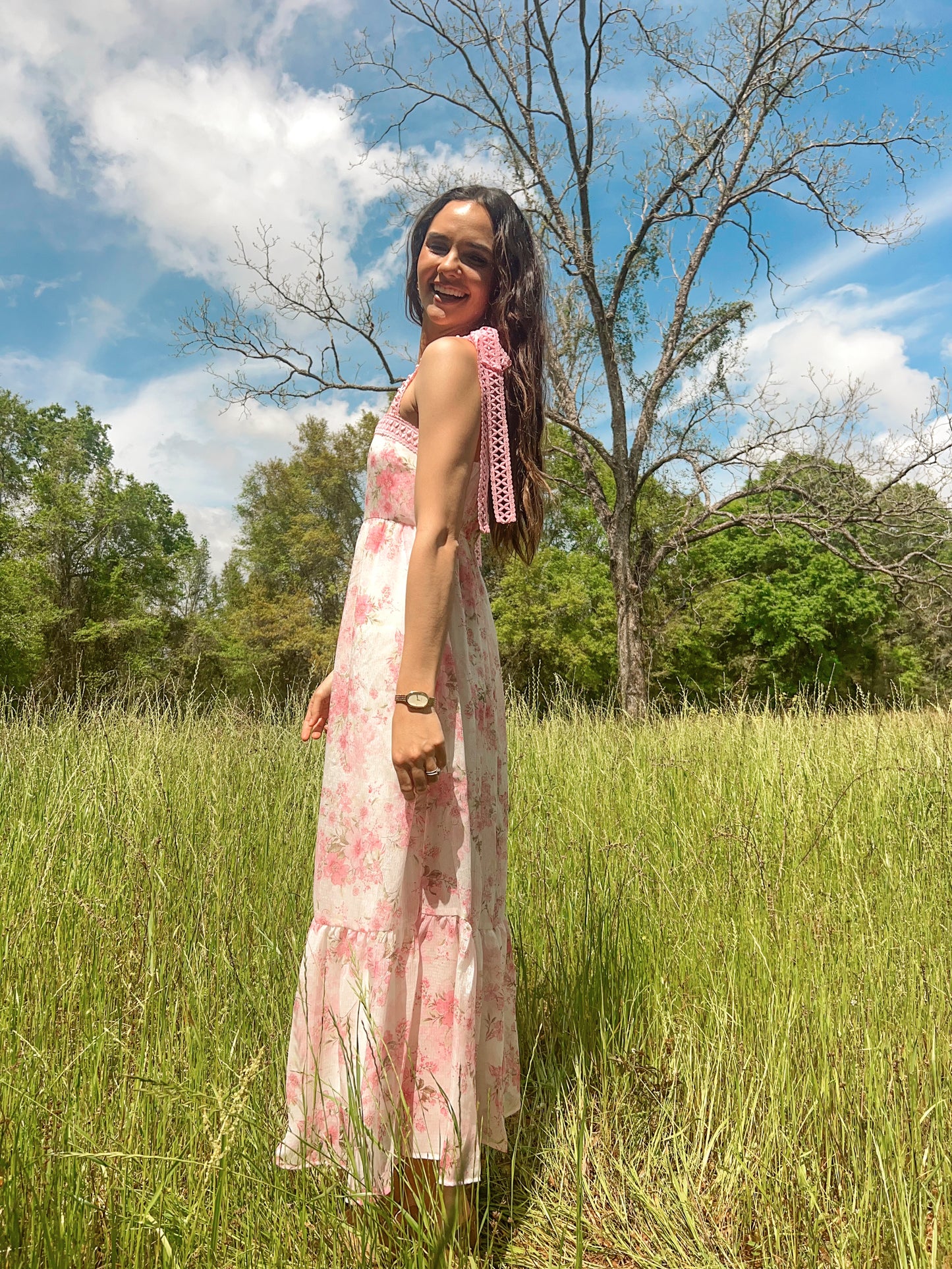 Floral crotchet lace strap Maxi dress