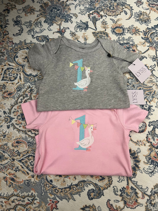 Birthday goose embroidered onesie