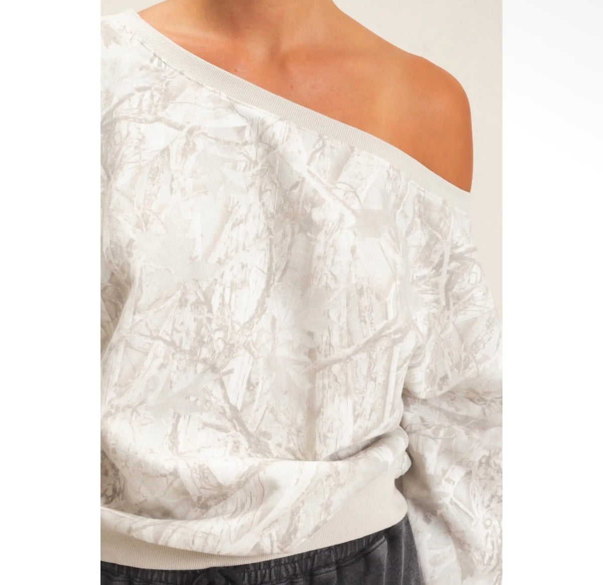 Gray camo off the shoulder sweatshirt