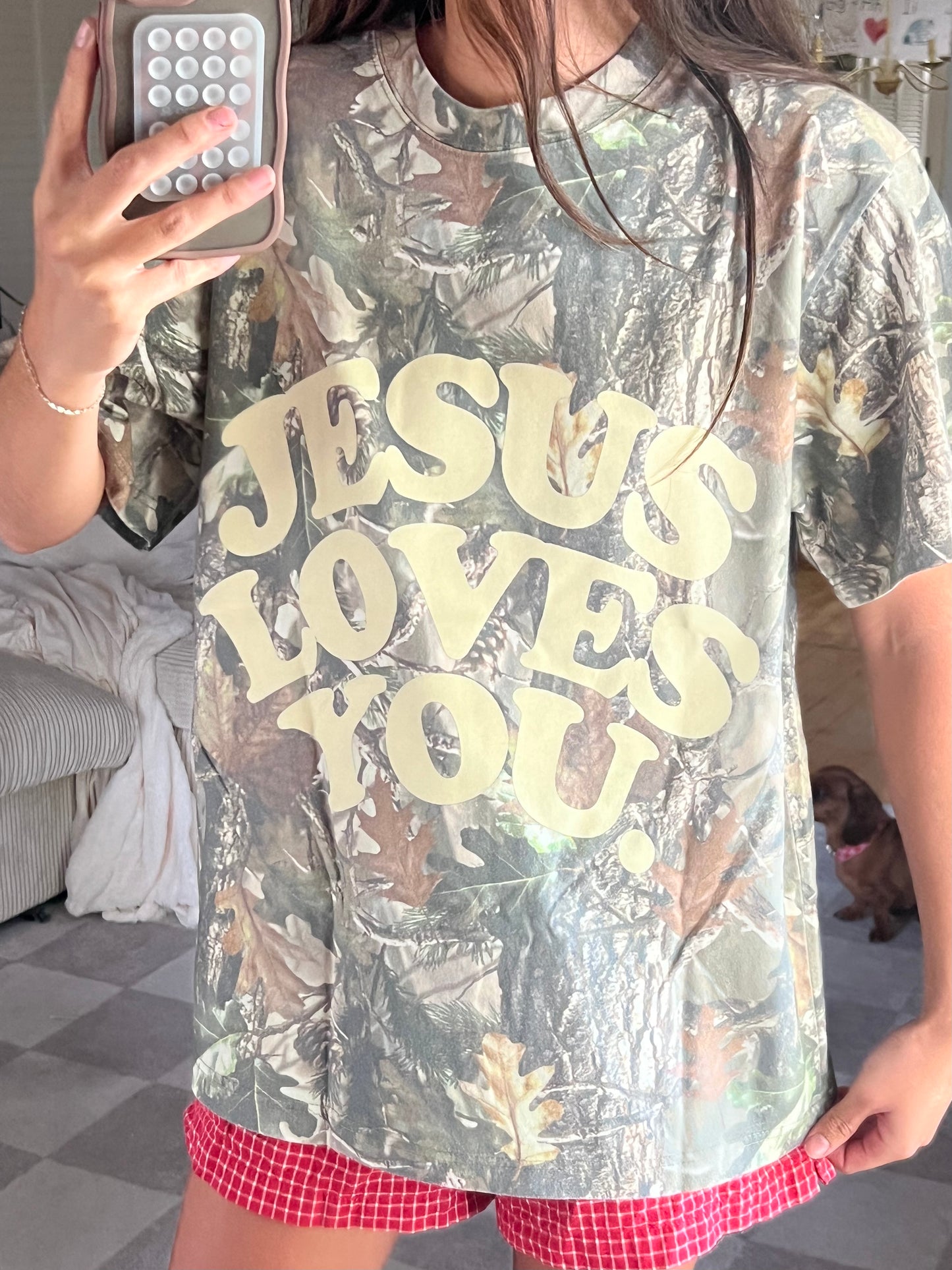“Jesus Loves You” Oversized Camo Tee