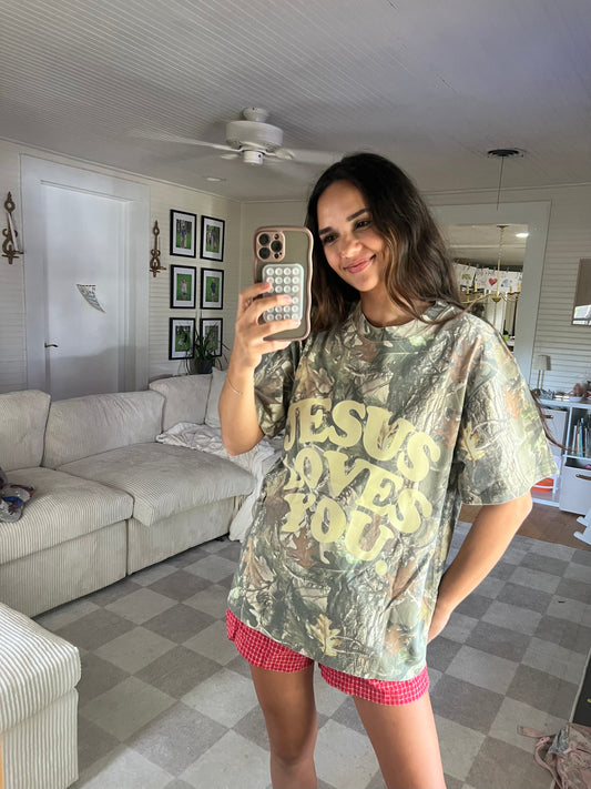 “Jesus Loves You” Oversized Camo Tee