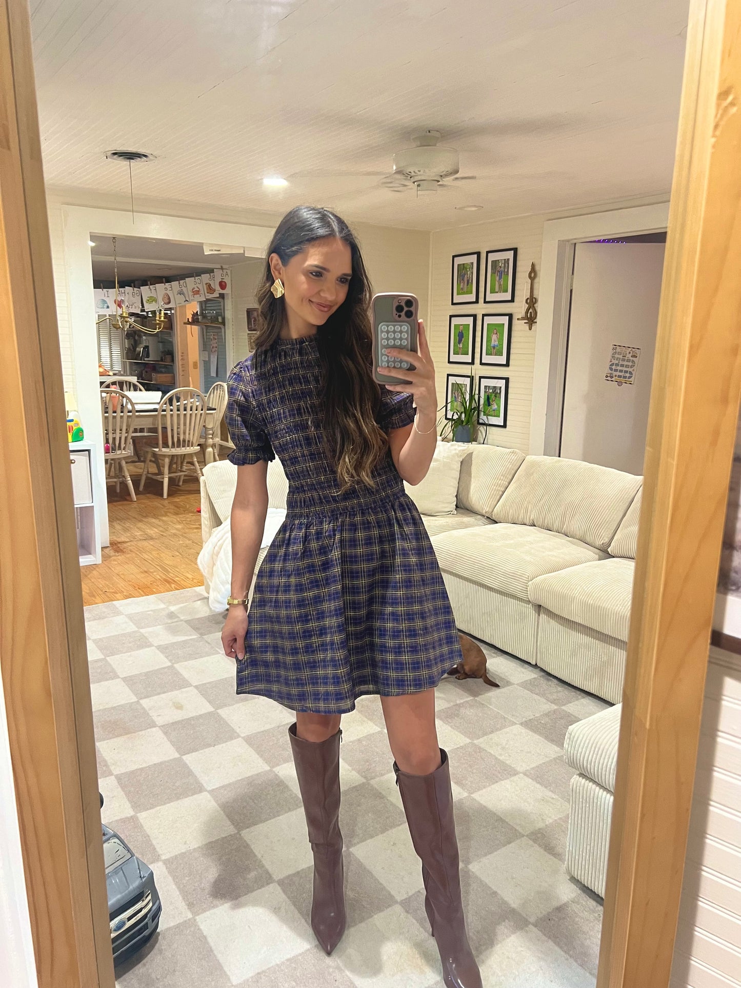Ruffle Mock Neck Short Sleeve Smocked Mini Dress