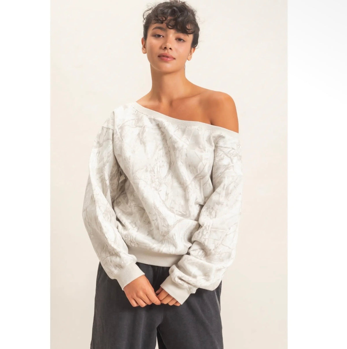 Gray camo off the shoulder sweatshirt