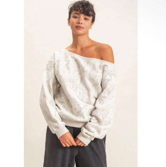 Gray camo off the shoulder sweatshirt