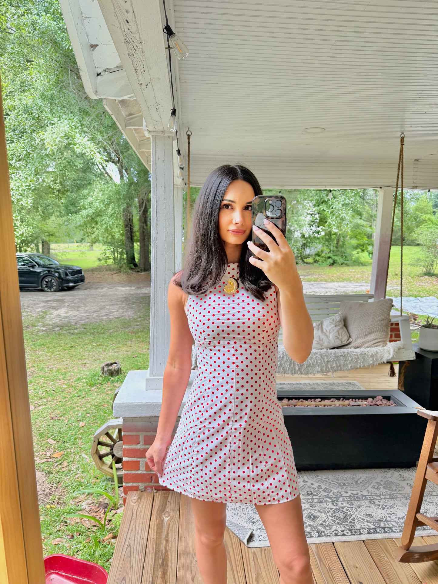 Red and white polka dot boat neck dress