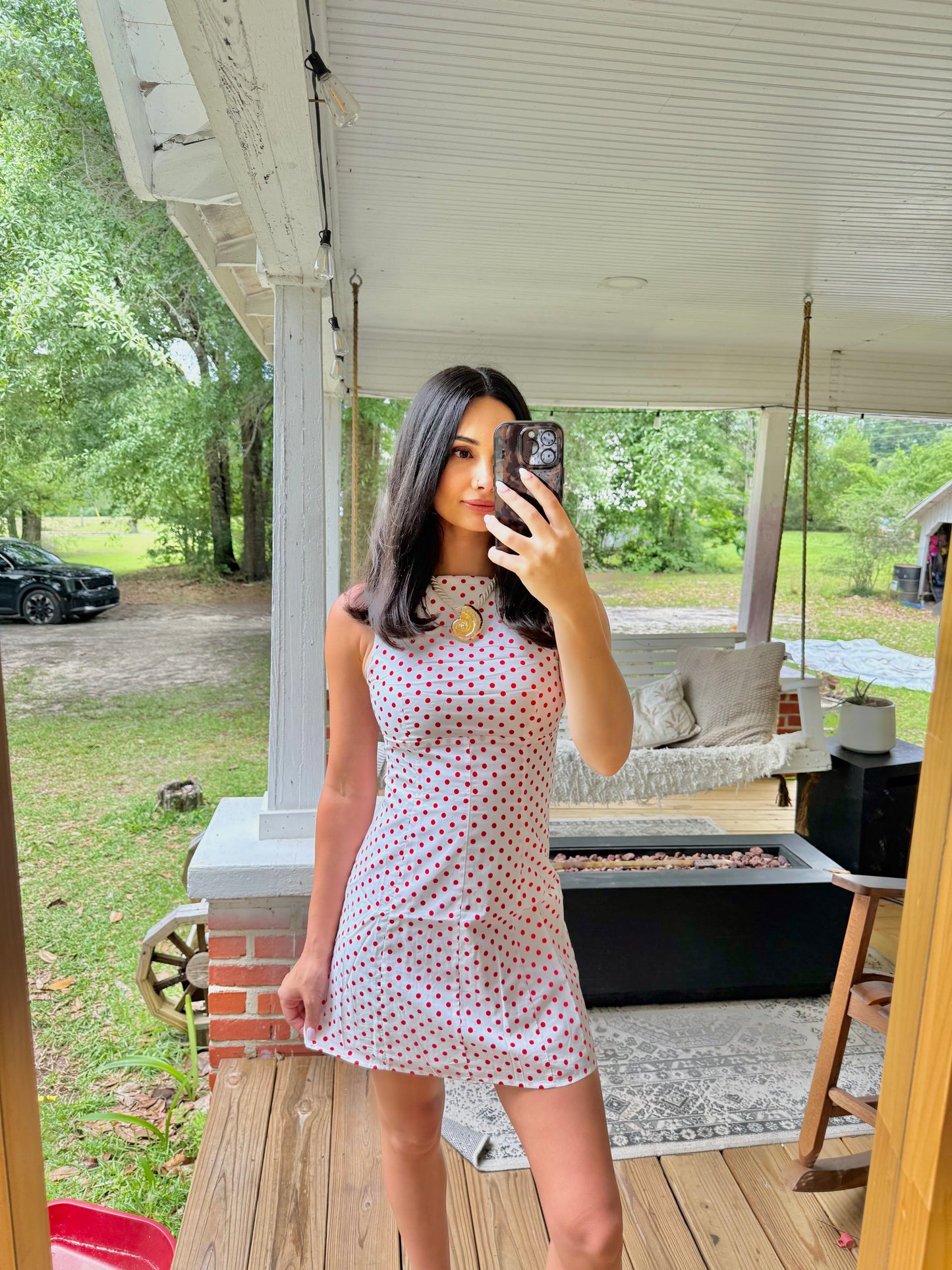 Red and white polka dot boat neck dress