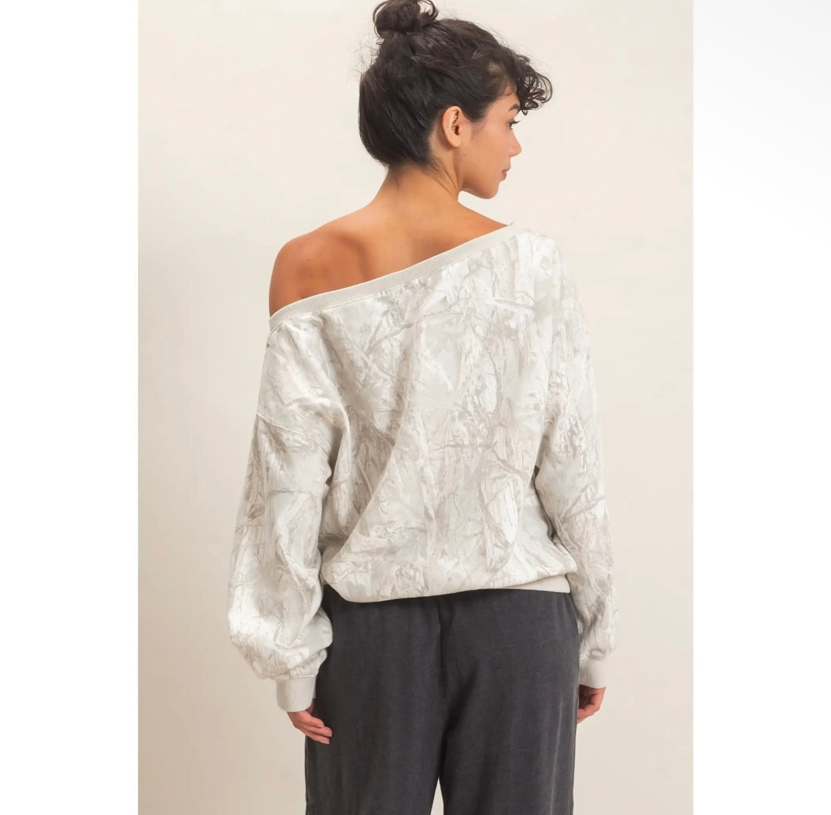 Gray camo off the shoulder sweatshirt