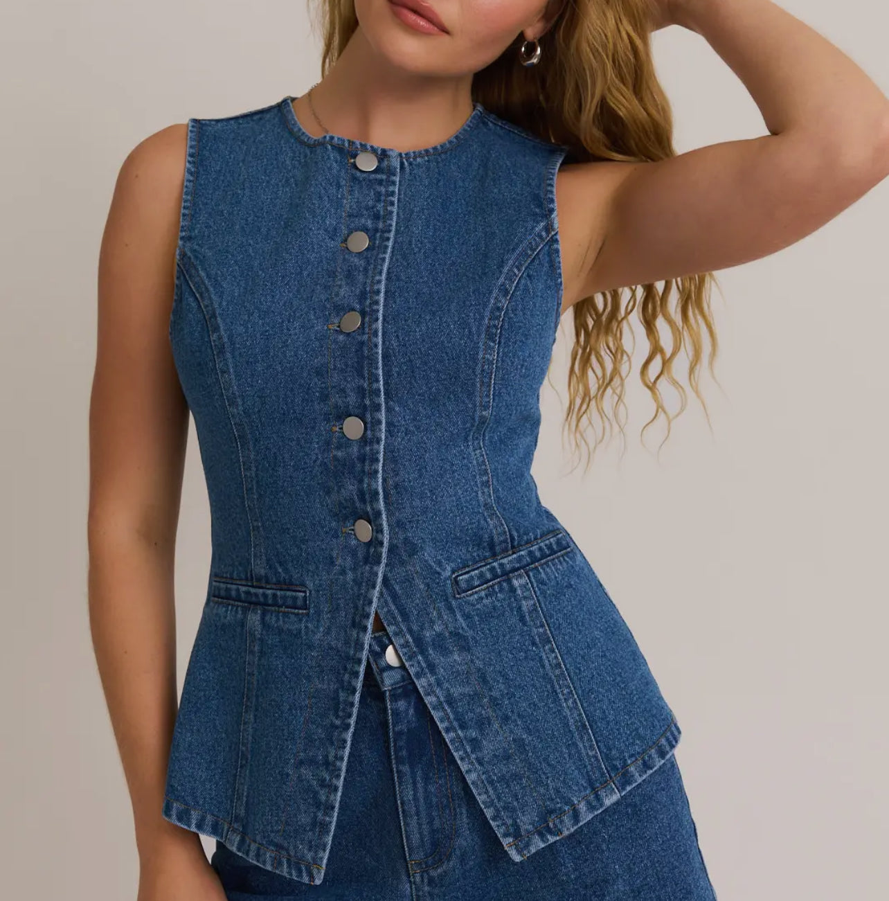 Button front sleeveless denim top