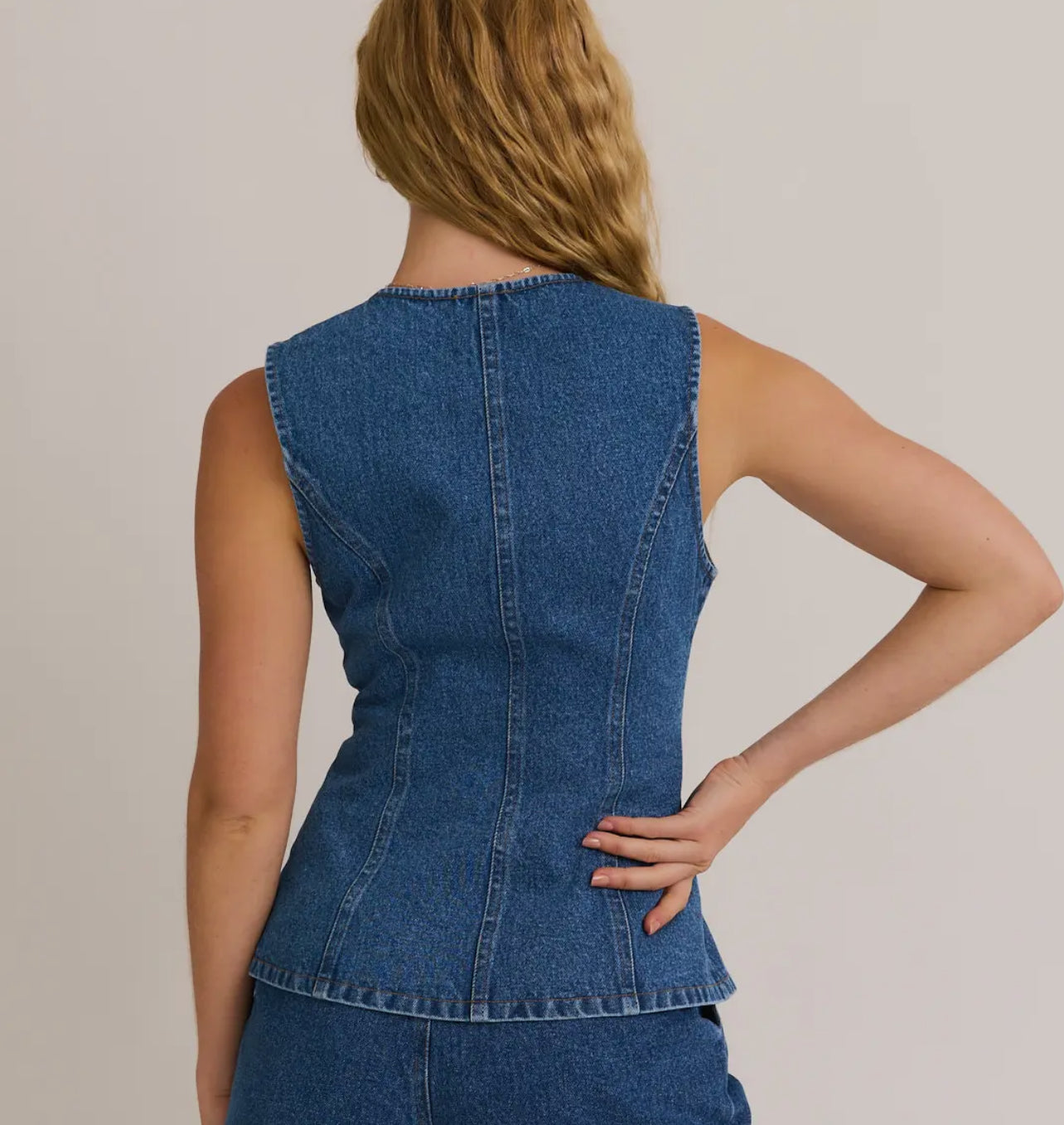 Button front sleeveless denim top