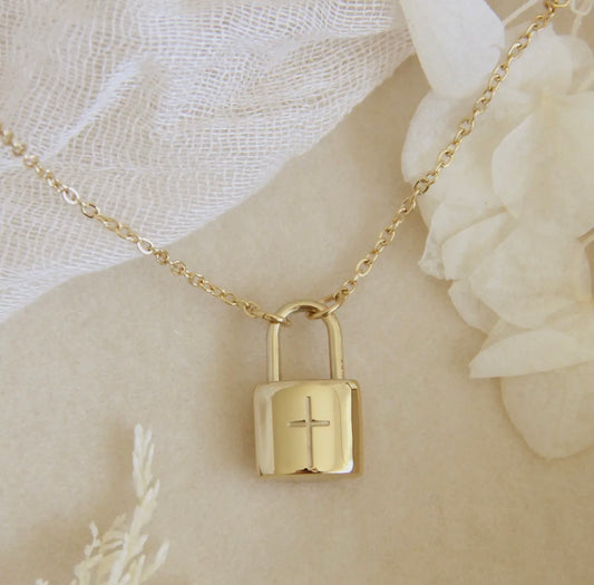 "Love Story Collection" In Christ cross lock necklace, yellow gold