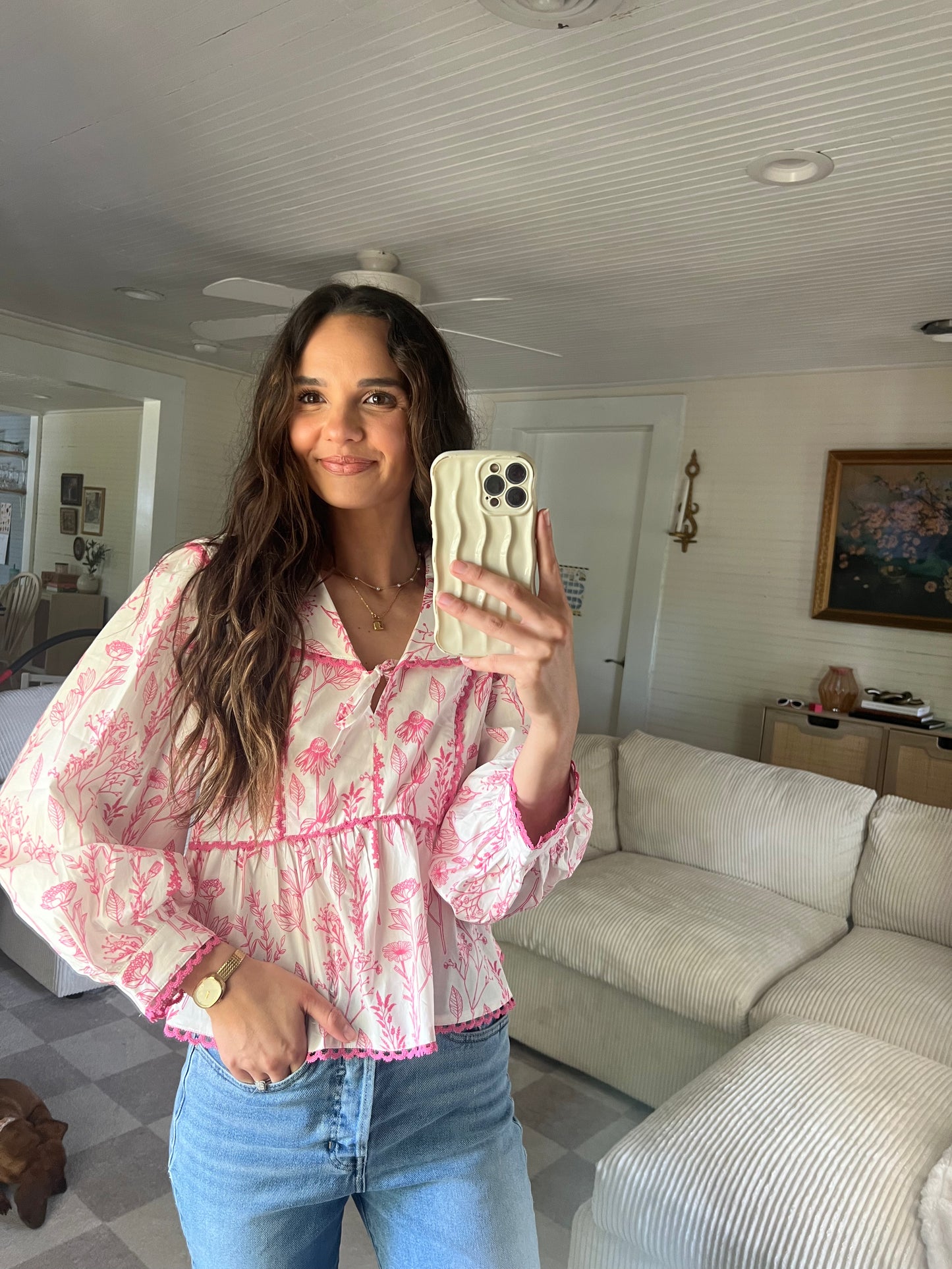 Pink and white collard top