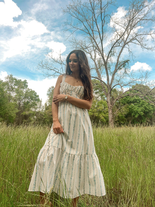 Floral stripe button detail maxi dress