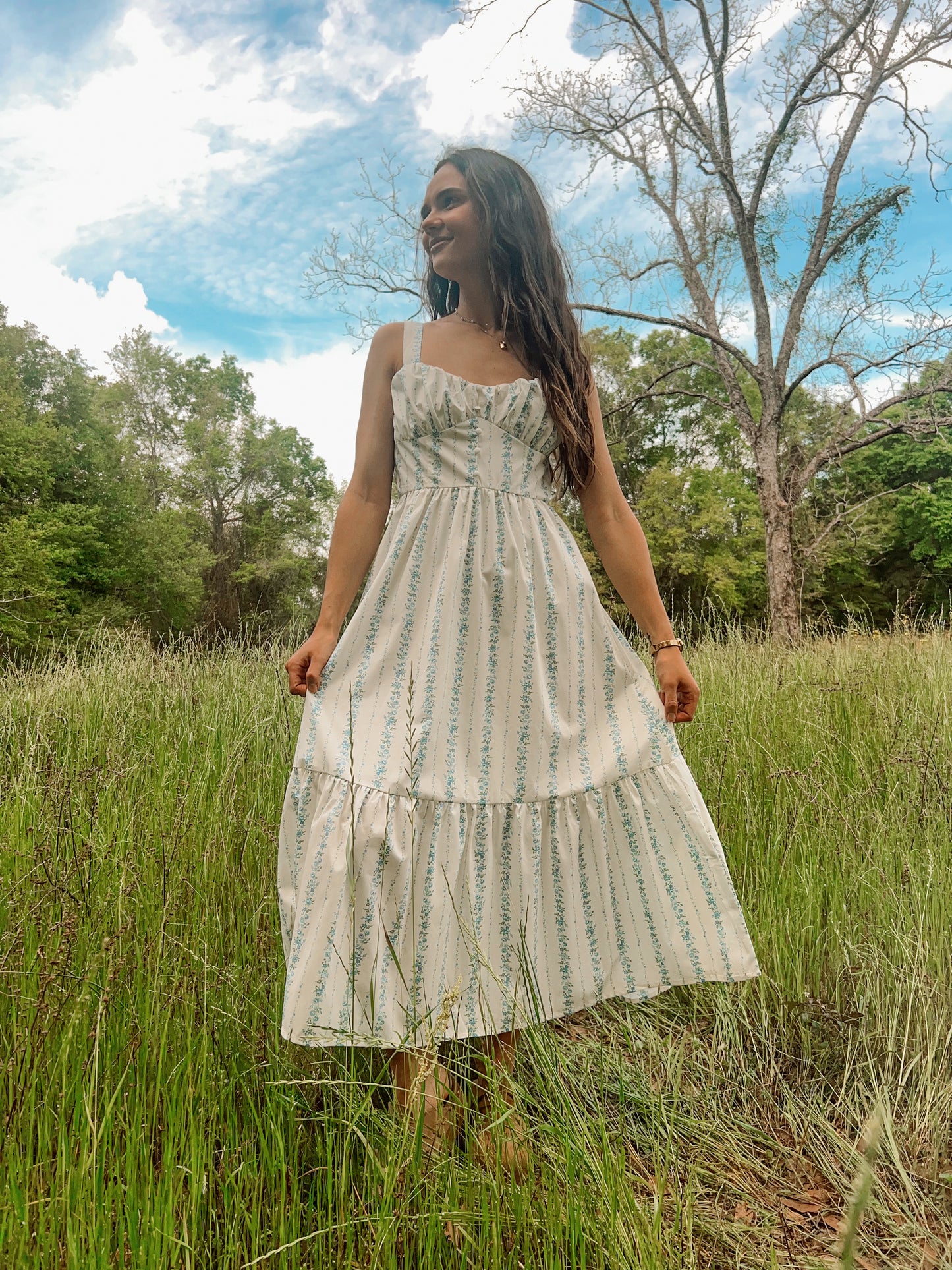 Floral stripe button detail maxi dress